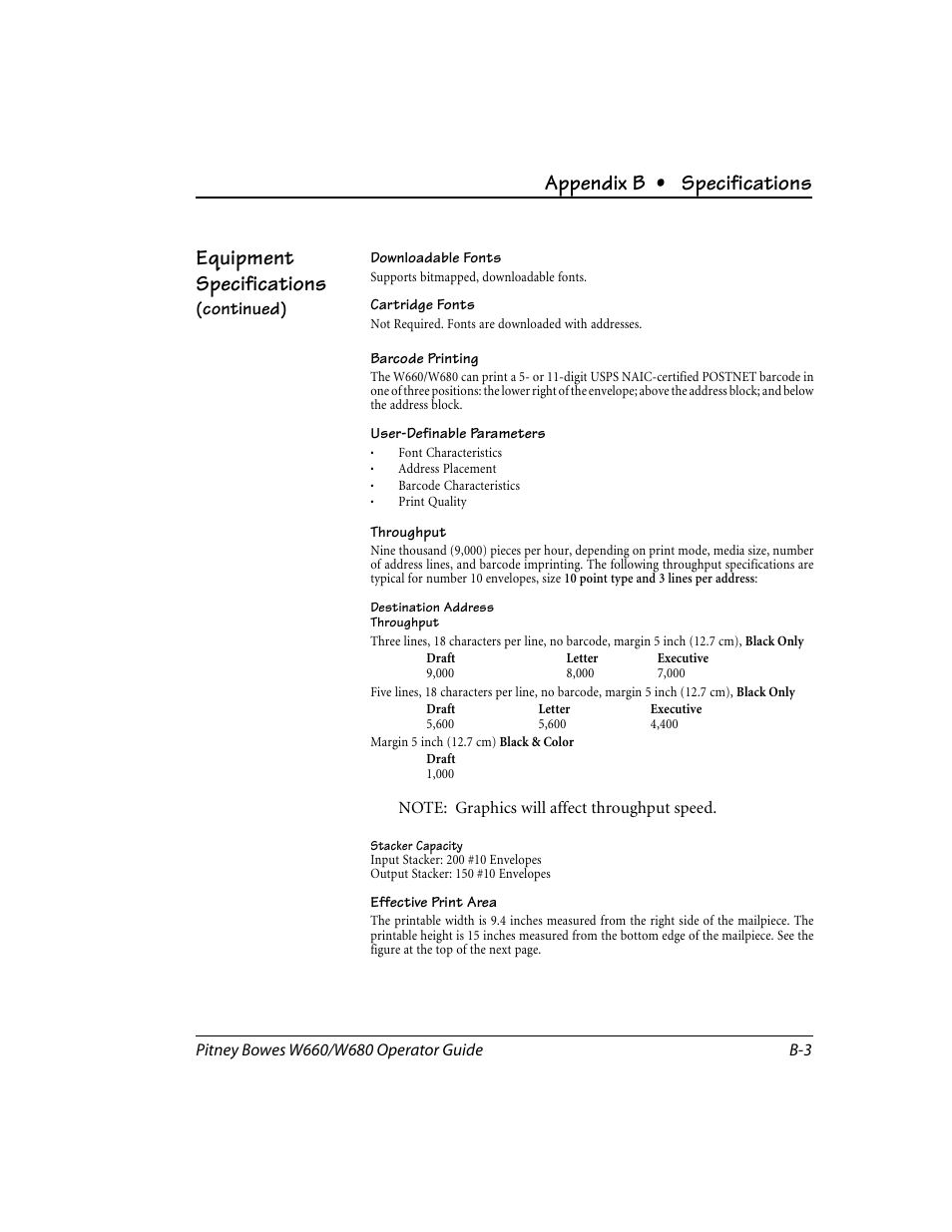 Appendix b • specifications, Equipment specifications | Pitney Bowes W680 User Manual | Page 117 / 130