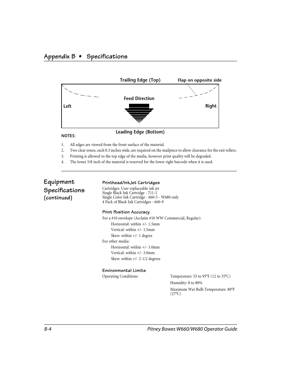 Appendix b • specifications, Equipment specifications | Pitney Bowes W680 User Manual | Page 118 / 130