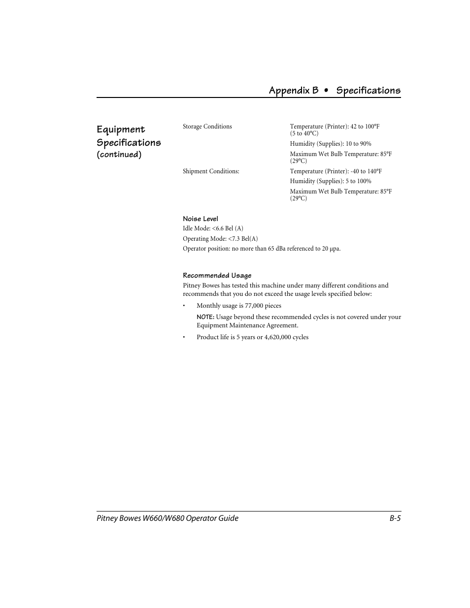 Appendix b • specifications, Equipment specifications | Pitney Bowes W680 User Manual | Page 119 / 130
