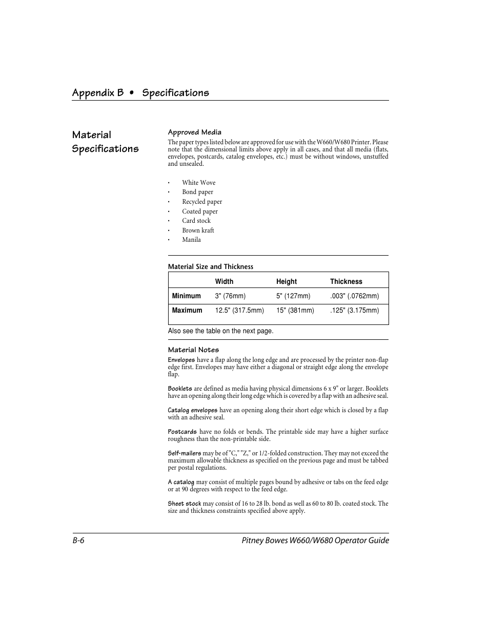 Material specifications, Appendix b • specifications | Pitney Bowes W680 User Manual | Page 120 / 130