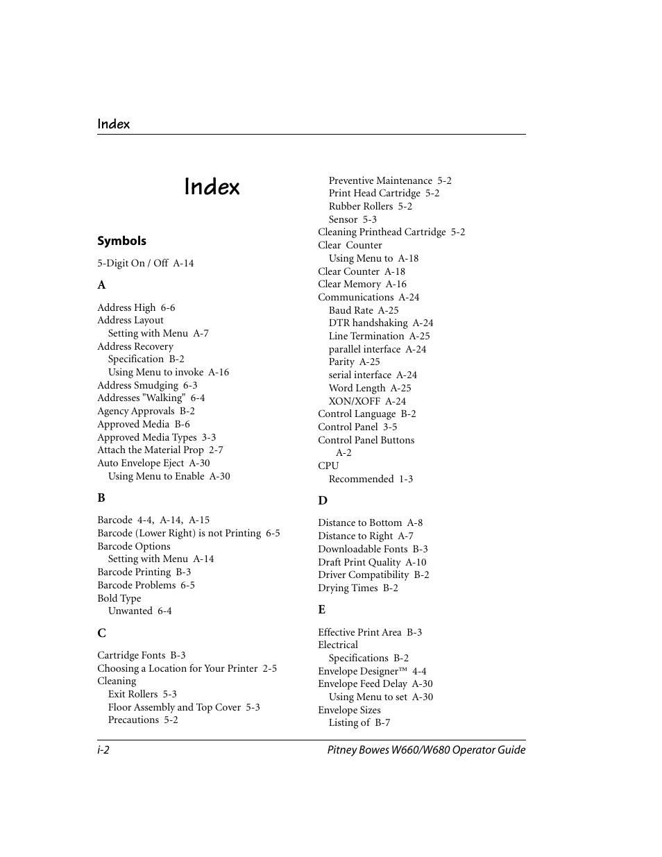 Index | Pitney Bowes W680 User Manual | Page 124 / 130