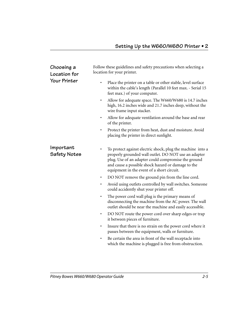 Choosing a location for your printer, Important safety notes | Pitney Bowes W680 User Manual | Page 17 / 130