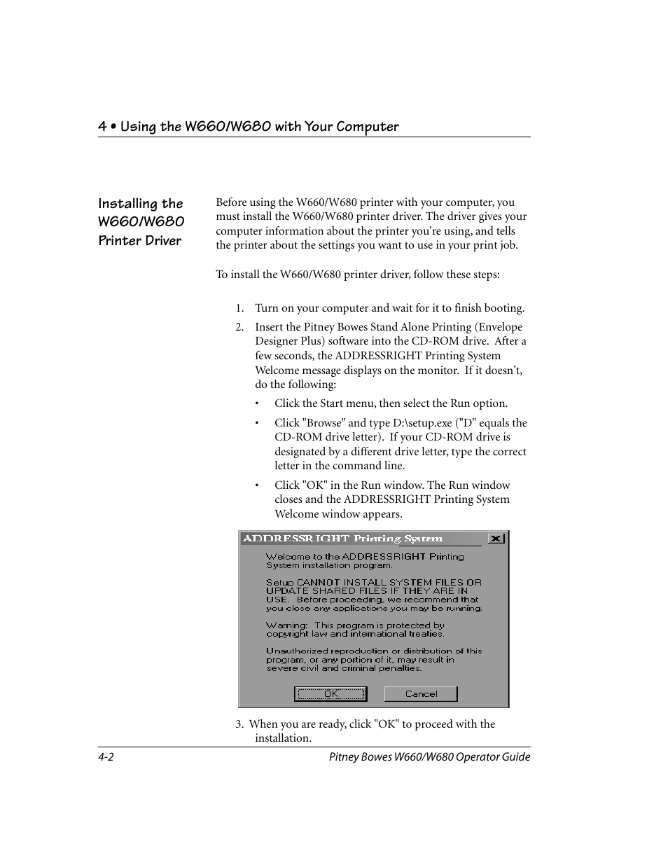 Installing the w660/w680 printer driver | Pitney Bowes W680 User Manual | Page 46 / 130