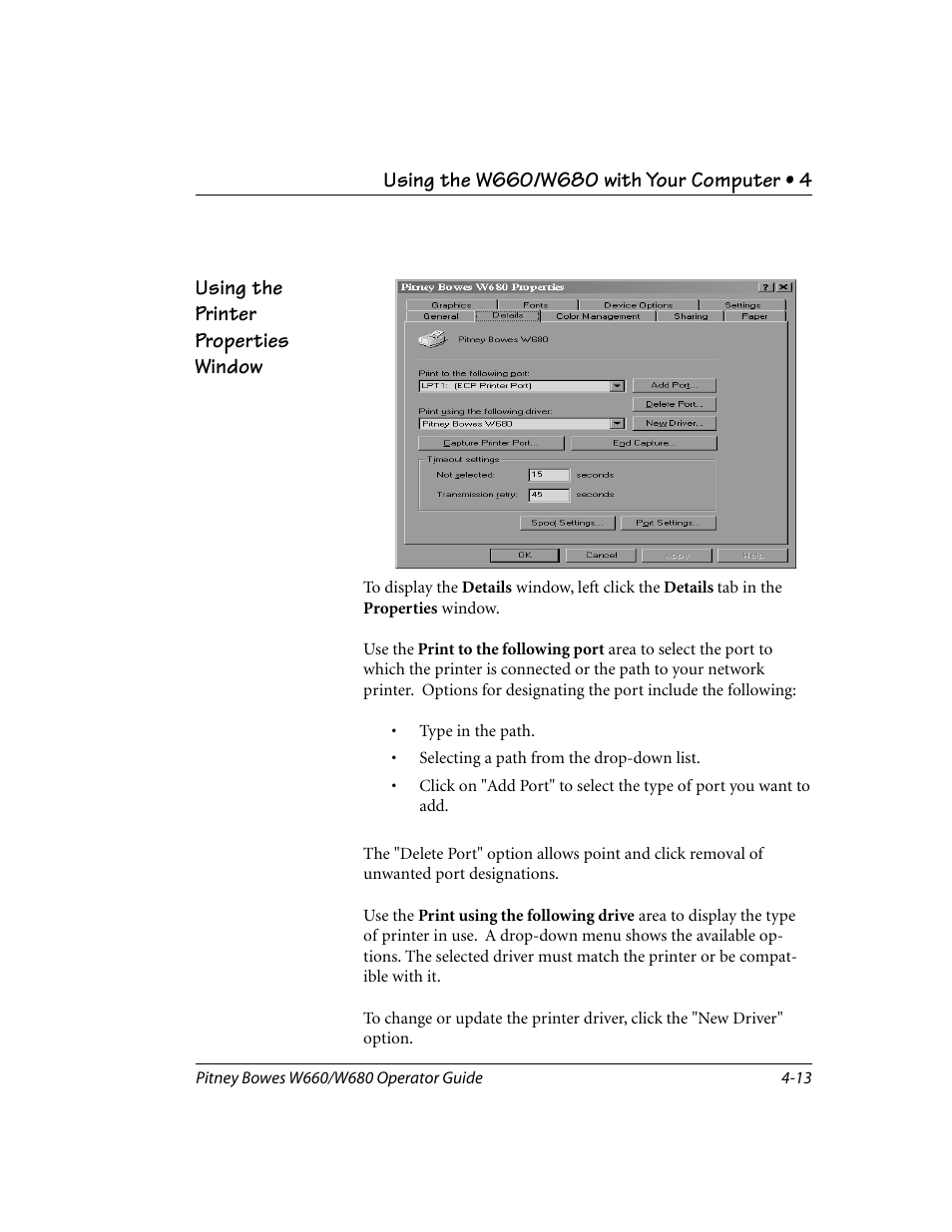 Using the printer properties window | Pitney Bowes W680 User Manual | Page 57 / 130