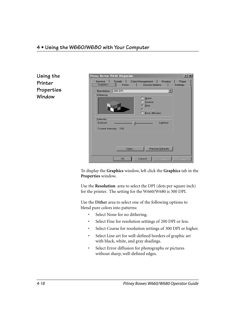 Using the printer properties window | Pitney Bowes W680 User Manual | Page 62 / 130