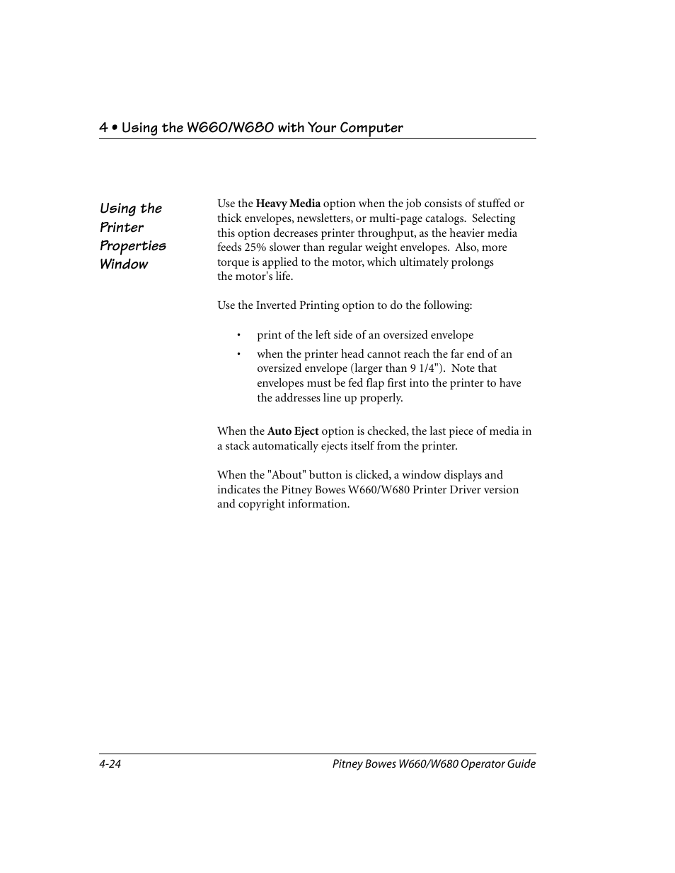 Using the printer properties window | Pitney Bowes W680 User Manual | Page 68 / 130