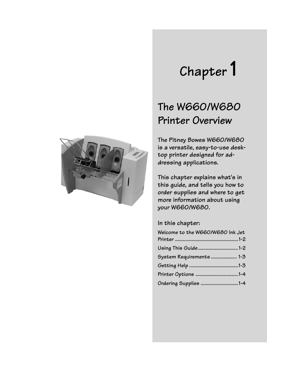 Chapter 1 printer overview, Chapter | Pitney Bowes W680 User Manual | Page 7 / 130