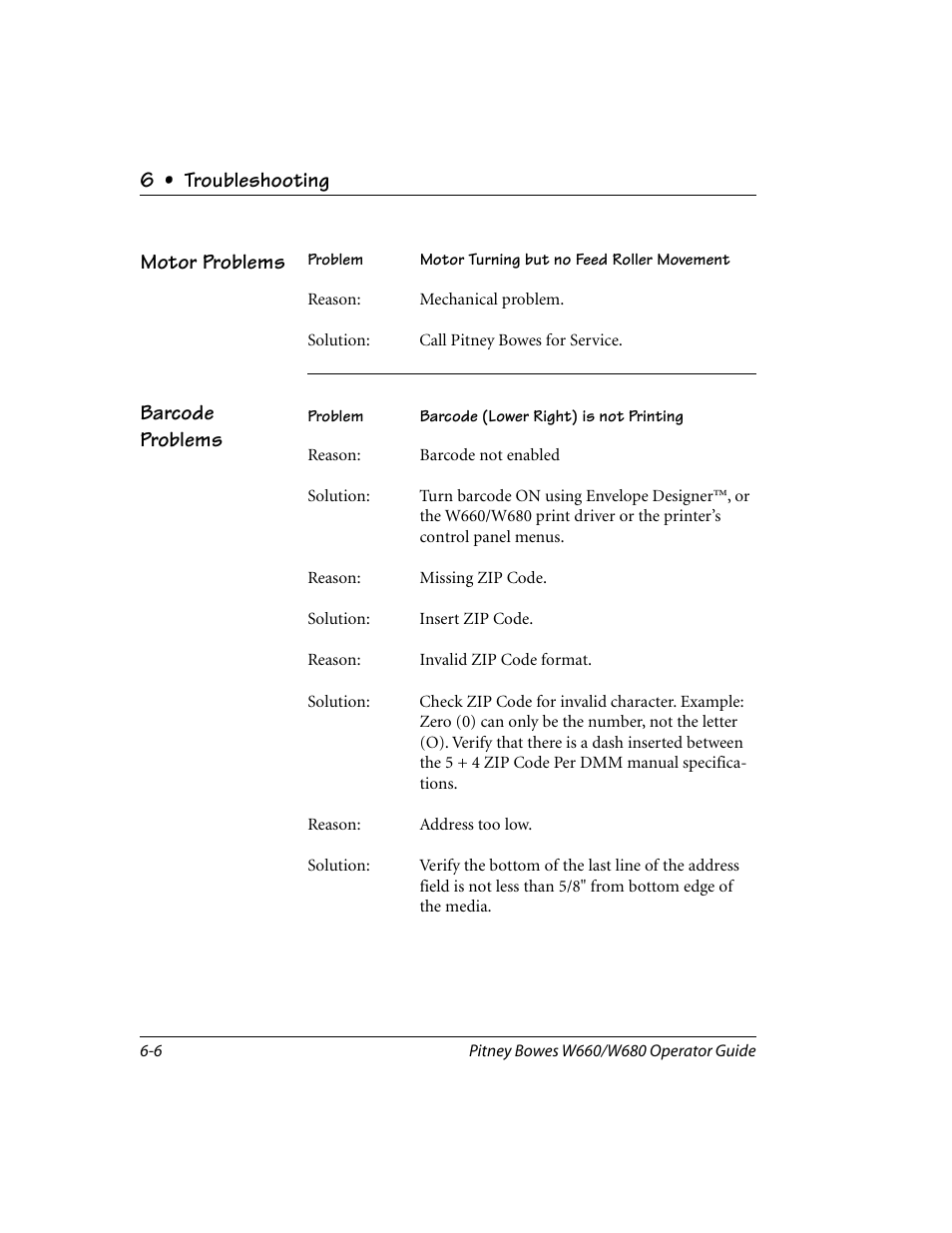 Motor problems, Barcode problems, 6 • troubleshooting | Pitney Bowes W680 User Manual | Page 80 / 130