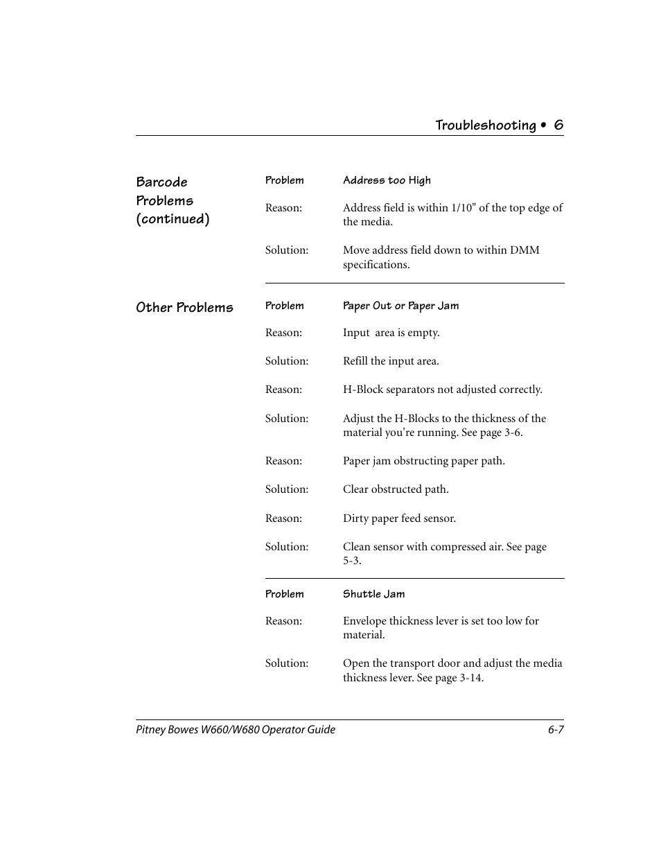 Other problems, Troubleshooting • 6, Barcode problems (continued) other problems | Pitney Bowes W680 User Manual | Page 81 / 130