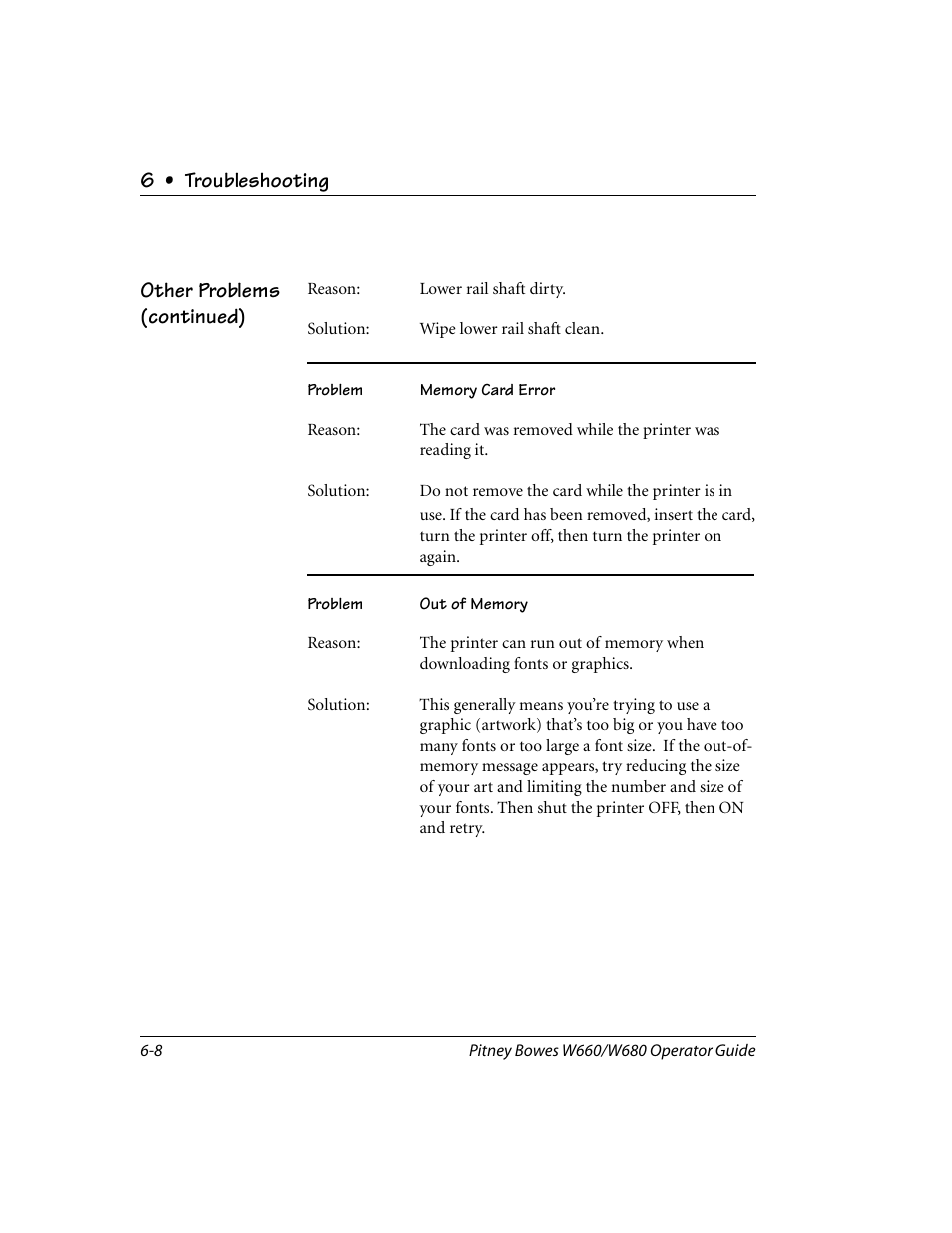 6 • troubleshooting, Other problems (continued) | Pitney Bowes W680 User Manual | Page 82 / 130