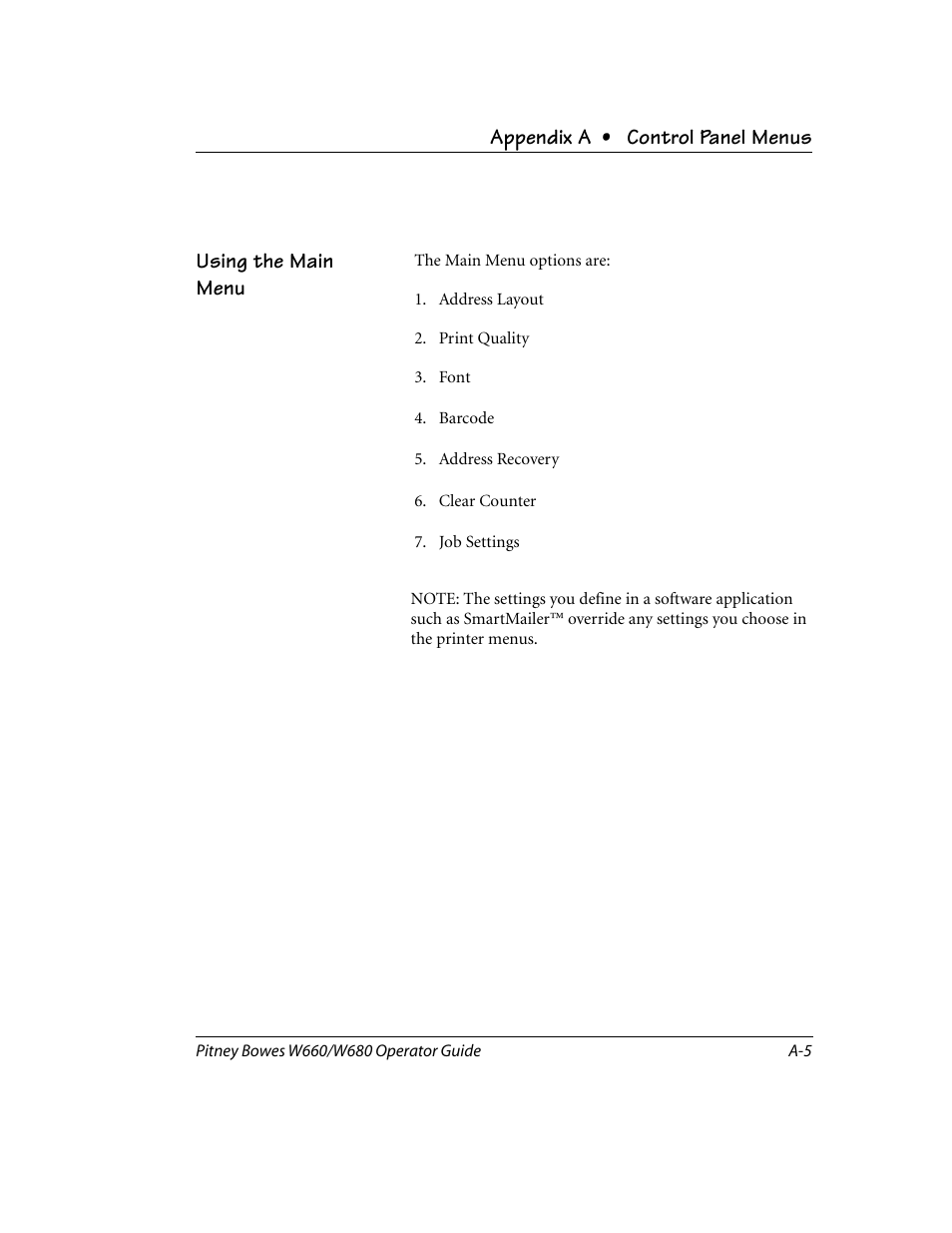 Using the main menu | Pitney Bowes W680 User Manual | Page 87 / 130