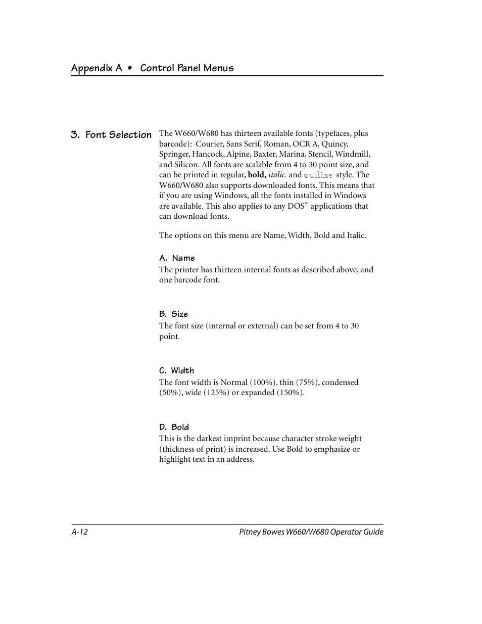 Font selection, Appendix a • control panel menus | Pitney Bowes W680 User Manual | Page 94 / 130