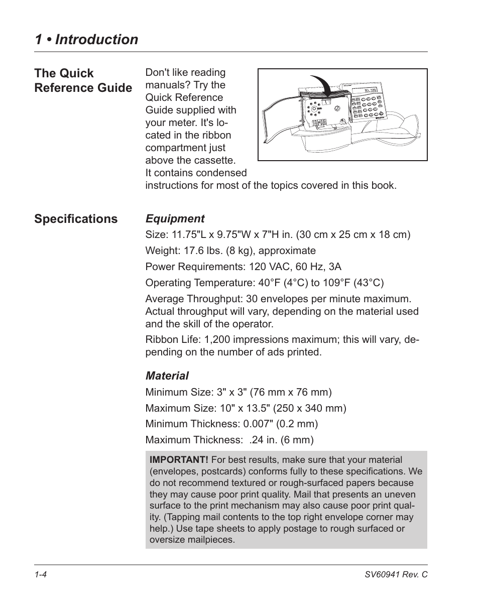 The quick reference guide -4 specifications -4, 1 • introduction, The quick reference guide | Specifications | Pitney Bowes POSTPERFECT B702 User Manual | Page 11 / 96