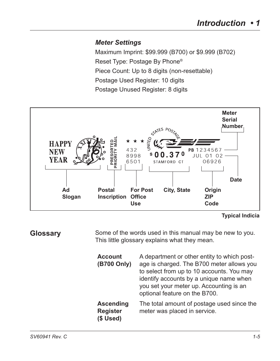 Glossary -5, Introduction • 1, Glossary | Pitney Bowes POSTPERFECT B702 User Manual | Page 12 / 96