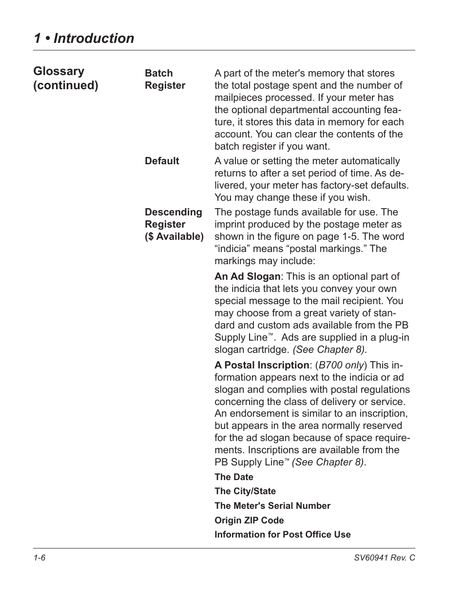 1 • introduction, Glossary (continued) | Pitney Bowes POSTPERFECT B702 User Manual | Page 13 / 96