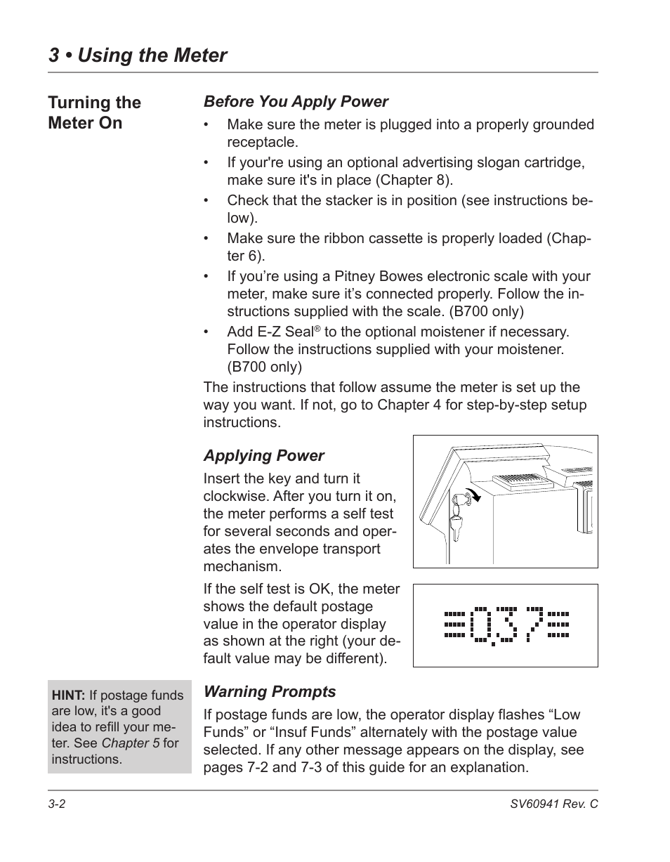 Turning the meter on -2, 3 • using the meter, Turning the meter on | Pitney Bowes POSTPERFECT B702 User Manual | Page 25 / 96