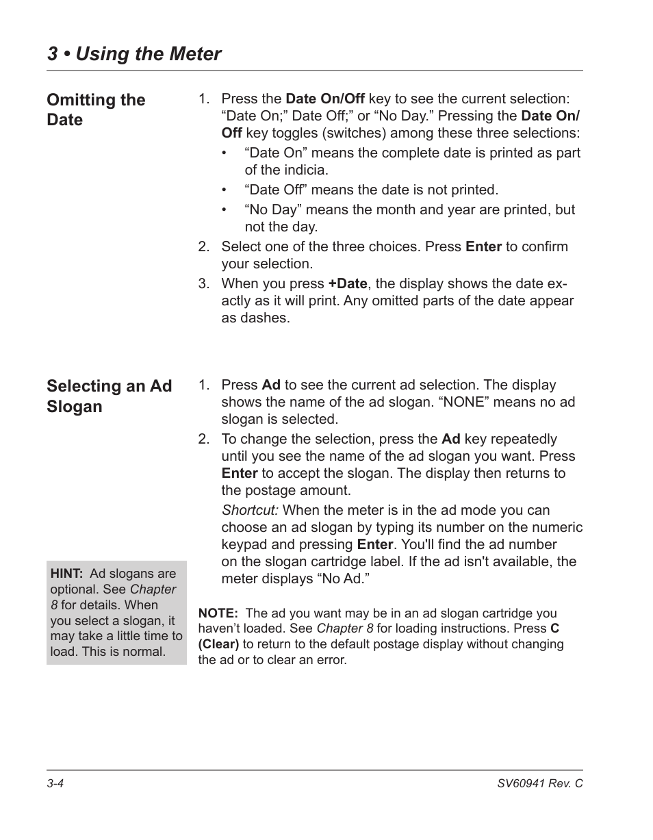 Omitting the date -4 selecting an ad slogan -4, 3 • using the meter, Selecting an ad slogan omitting the date | Pitney Bowes POSTPERFECT B702 User Manual | Page 27 / 96