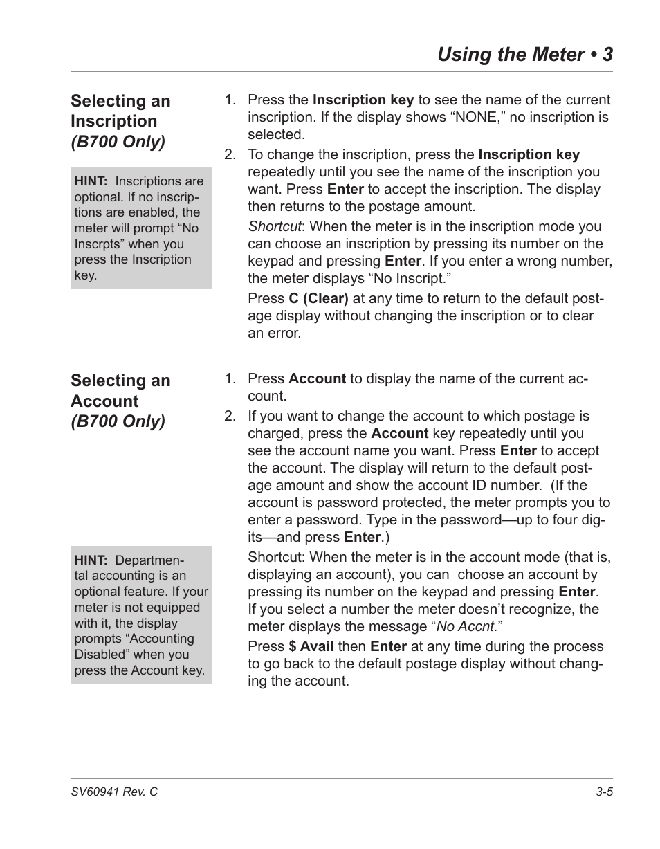 Using the meter • 3, Selecting an inscription (b700 only), Selecting an account (b700 only) | Pitney Bowes POSTPERFECT B702 User Manual | Page 28 / 96