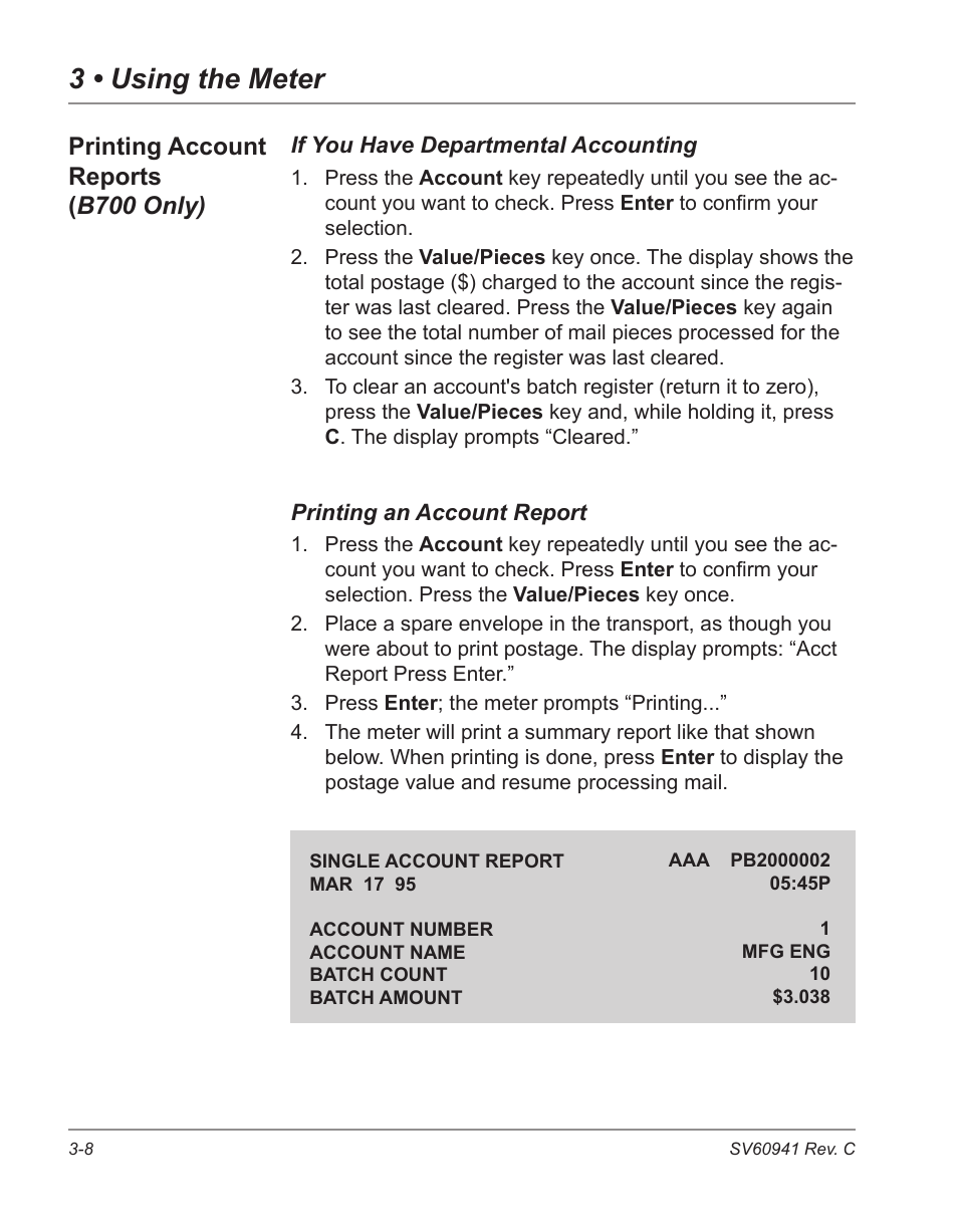 Printing account reports (b700 only) -8, 3 • using the meter, Printing account reports ( b700 only) | Pitney Bowes POSTPERFECT B702 User Manual | Page 31 / 96