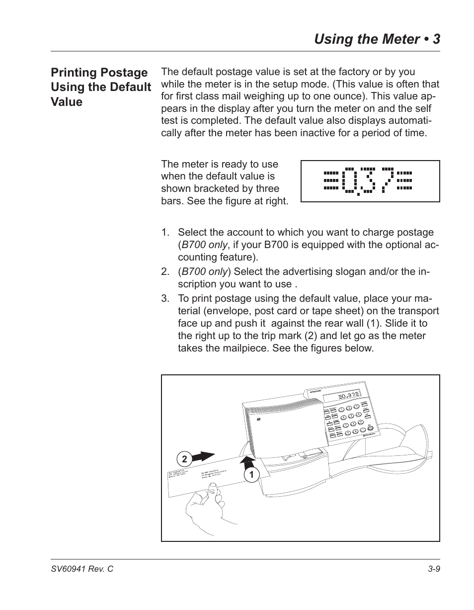 Printing postage using the default value -9, Using the meter • 3, Printing postage using the default value | Pitney Bowes POSTPERFECT B702 User Manual | Page 32 / 96