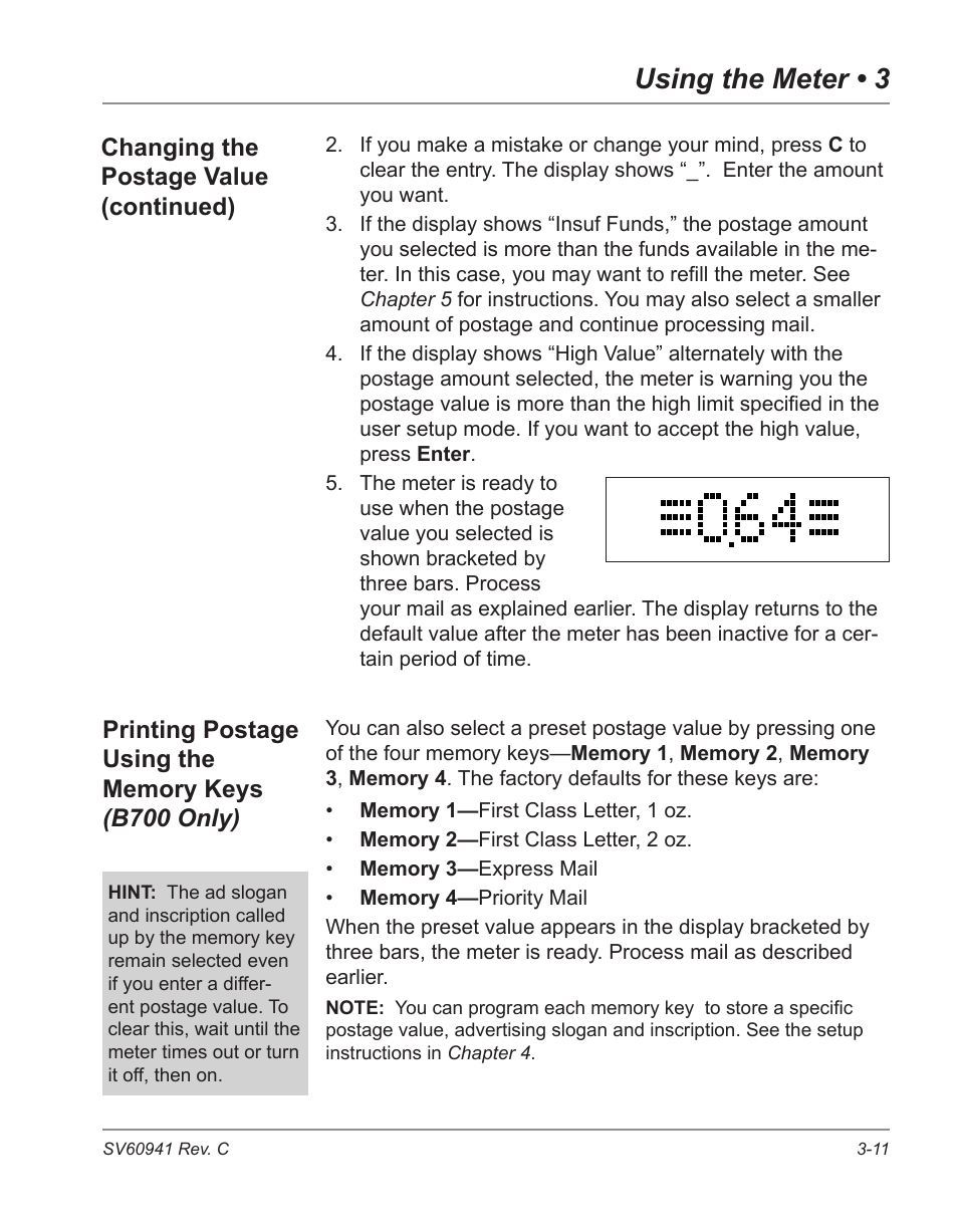 Printing postage using the memory, Keys (b700 only) -11, Using the meter • 3 | Changing the postage value (continued) | Pitney Bowes POSTPERFECT B702 User Manual | Page 34 / 96