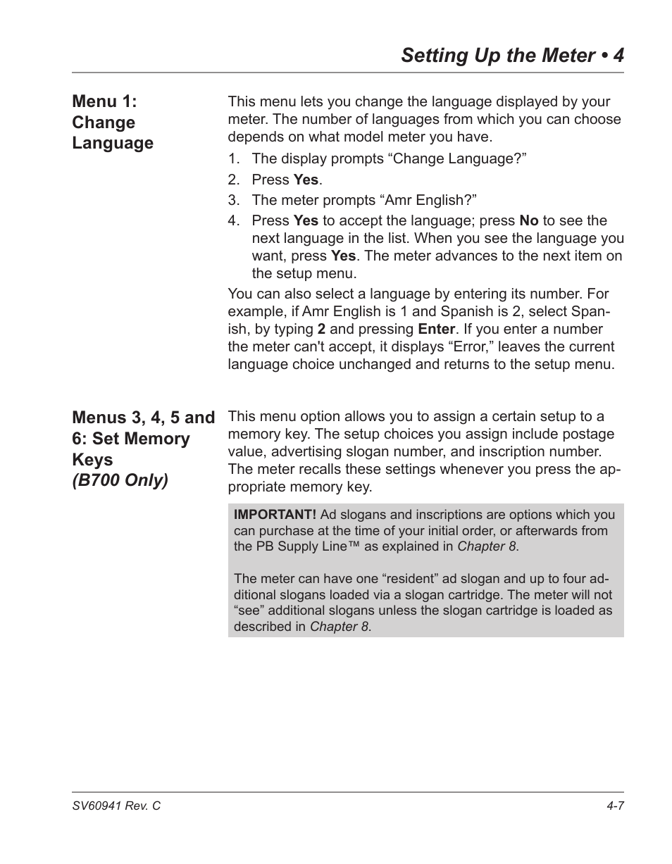 B700 only) -7, Setting up the meter • 4, Menu 1: change language | Pitney Bowes POSTPERFECT B702 User Manual | Page 42 / 96