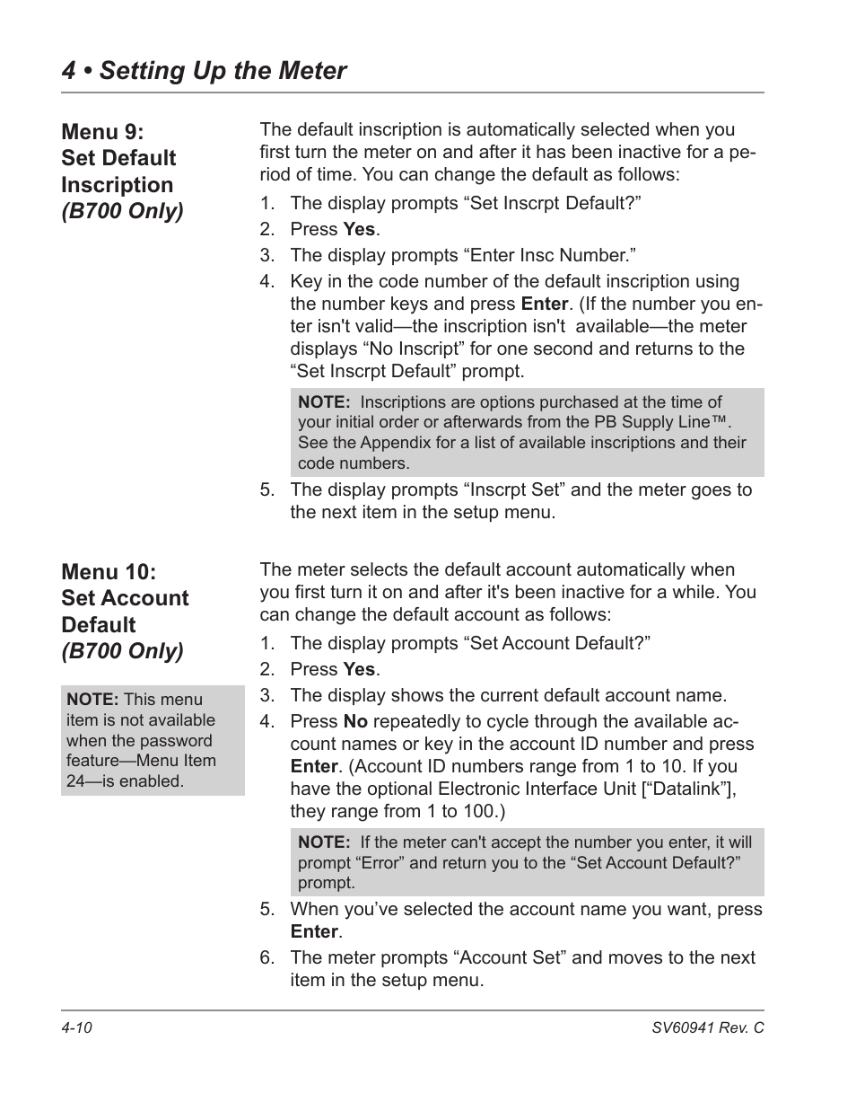 Menu 9: set default inscription, B700 only) -10 menu 10: set account default, B700 only) -10 | 4 • setting up the meter, Menu 9: set default inscription (b700 only) | Pitney Bowes POSTPERFECT B702 User Manual | Page 45 / 96