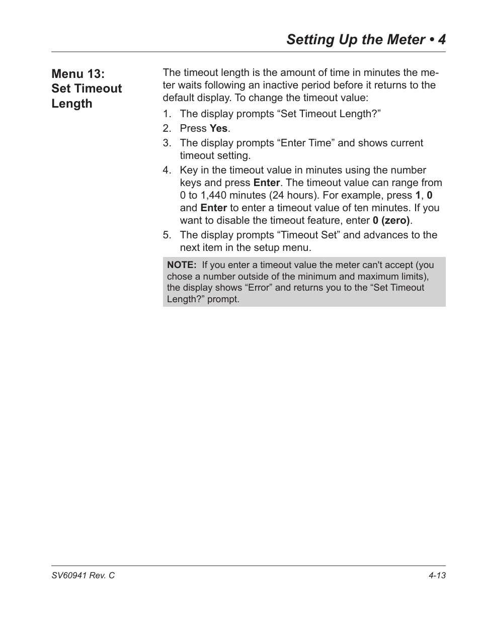 Menu 13: set timeout length -13, Setting up the meter • 4, Menu 13: set timeout length | Pitney Bowes POSTPERFECT B702 User Manual | Page 48 / 96