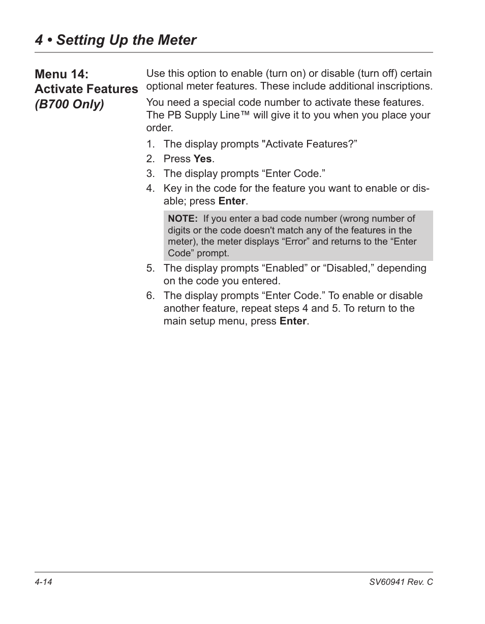 Menu 14: activate features (b700 only) -14, 4 • setting up the meter | Pitney Bowes POSTPERFECT B702 User Manual | Page 49 / 96