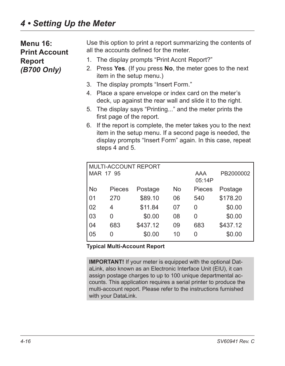 Menu 16: print account report, B700 only) -16, 4 • setting up the meter | Pitney Bowes POSTPERFECT B702 User Manual | Page 51 / 96