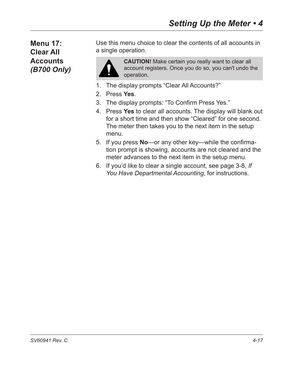 Menu 17: clear all accounts (b700 only) -17, Setting up the meter • 4 | Pitney Bowes POSTPERFECT B702 User Manual | Page 52 / 96