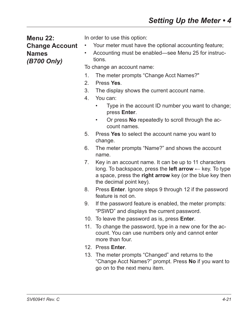 Menu 22: change account names, B700 only) -21, Setting up the meter • 4 | Pitney Bowes POSTPERFECT B702 User Manual | Page 56 / 96