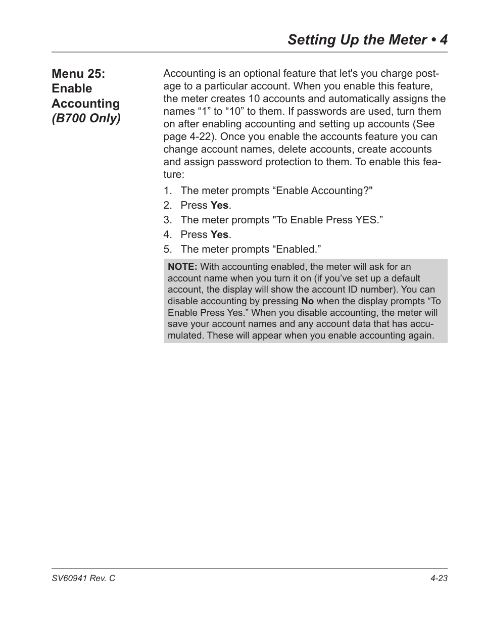 Menu 25: enable accounting (b700 only) -23, Setting up the meter • 4 | Pitney Bowes POSTPERFECT B702 User Manual | Page 58 / 96