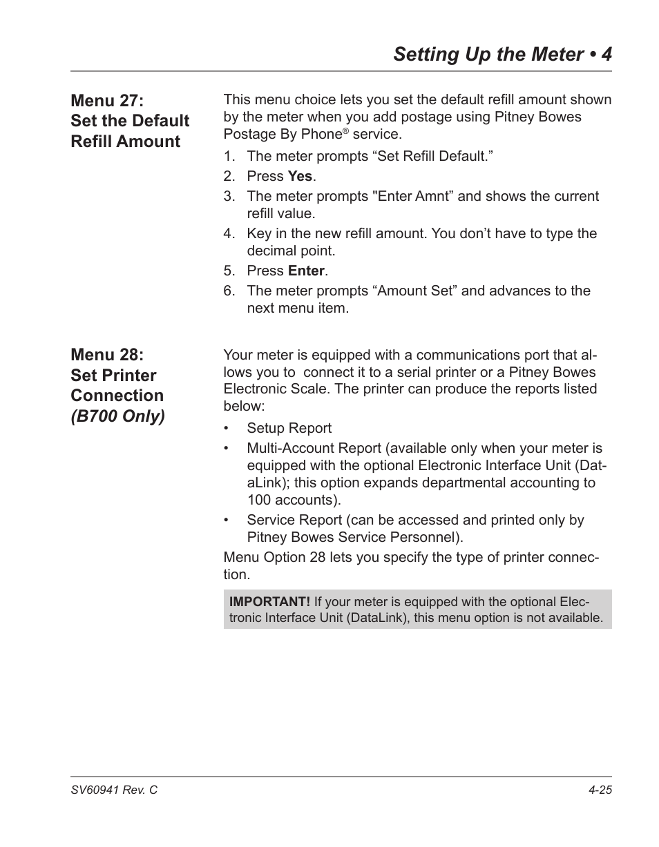 B700 only) -25, Setting up the meter • 4, Menu 27: set the default refill amount | Pitney Bowes POSTPERFECT B702 User Manual | Page 60 / 96