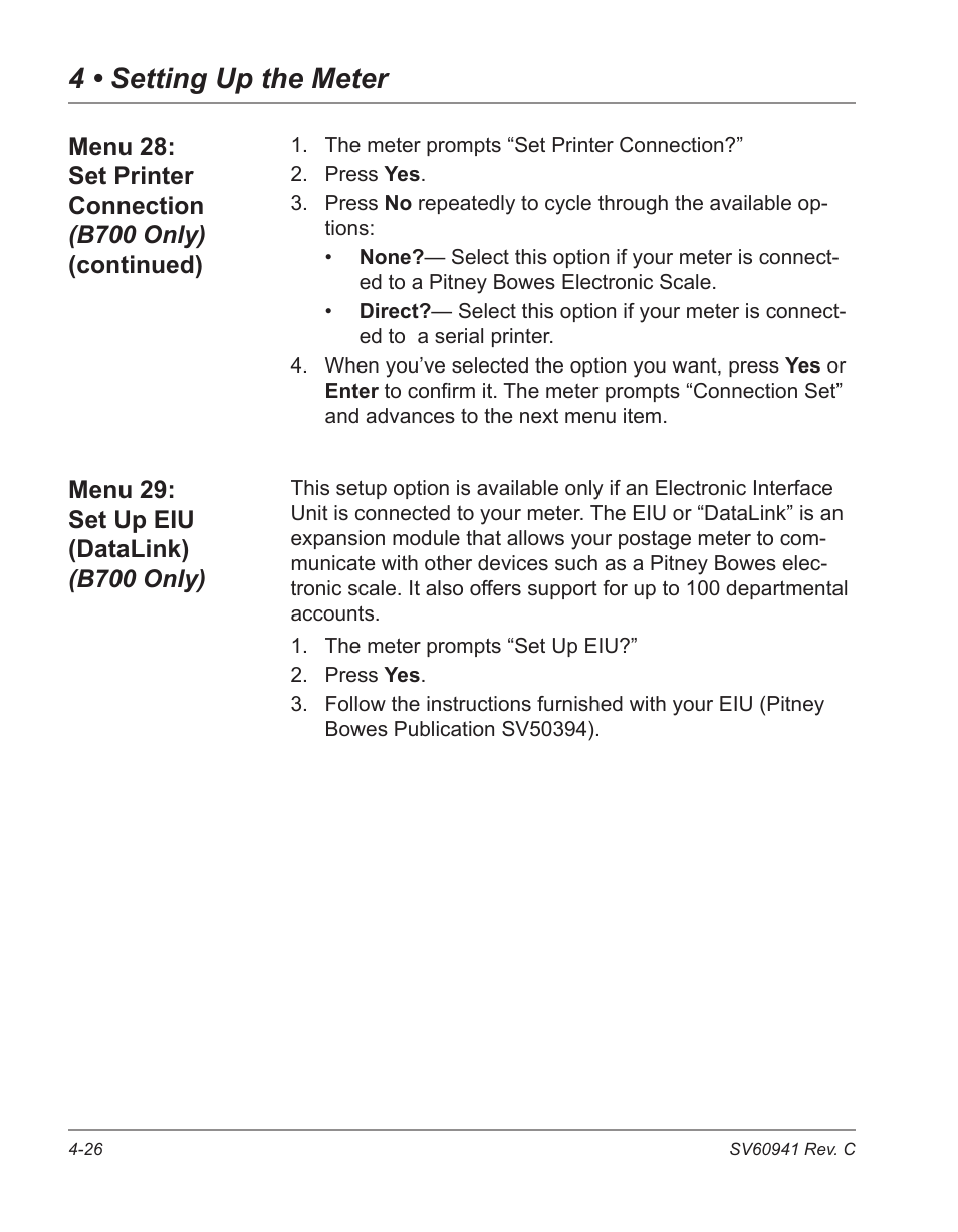 Menu 29: set up eiu (datalink), B700 only) -26, 4 • setting up the meter | Pitney Bowes POSTPERFECT B702 User Manual | Page 61 / 96