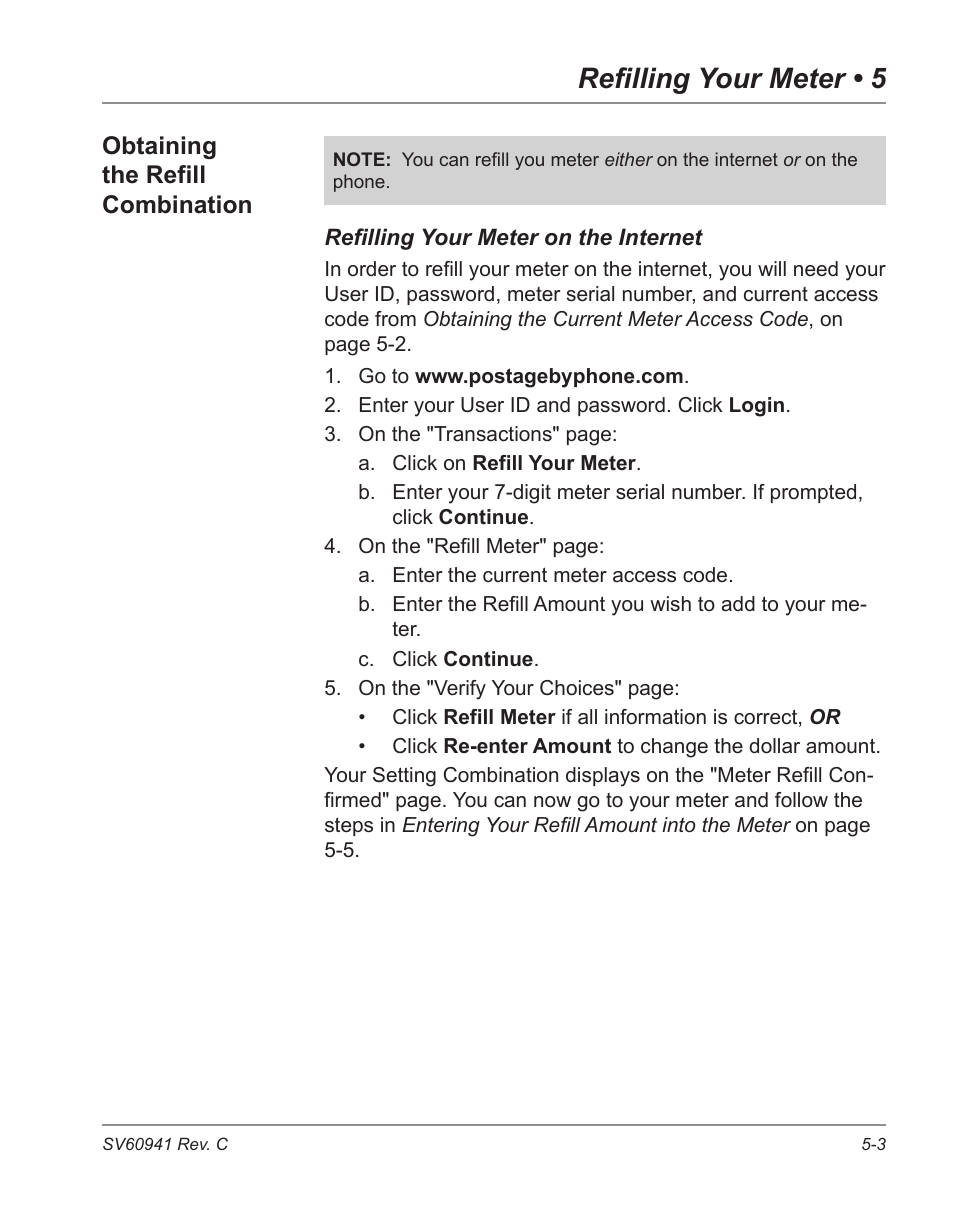 Obtaining the refill combination -3, Refilling your meter • 5, Obtaining the refill combination | Pitney Bowes POSTPERFECT B702 User Manual | Page 64 / 96