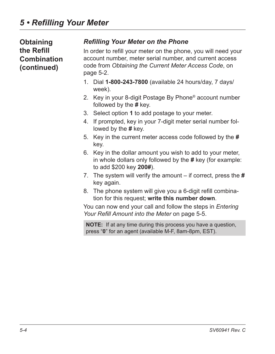 5 • refilling your meter, Obtaining the refill combination (continued) | Pitney Bowes POSTPERFECT B702 User Manual | Page 65 / 96