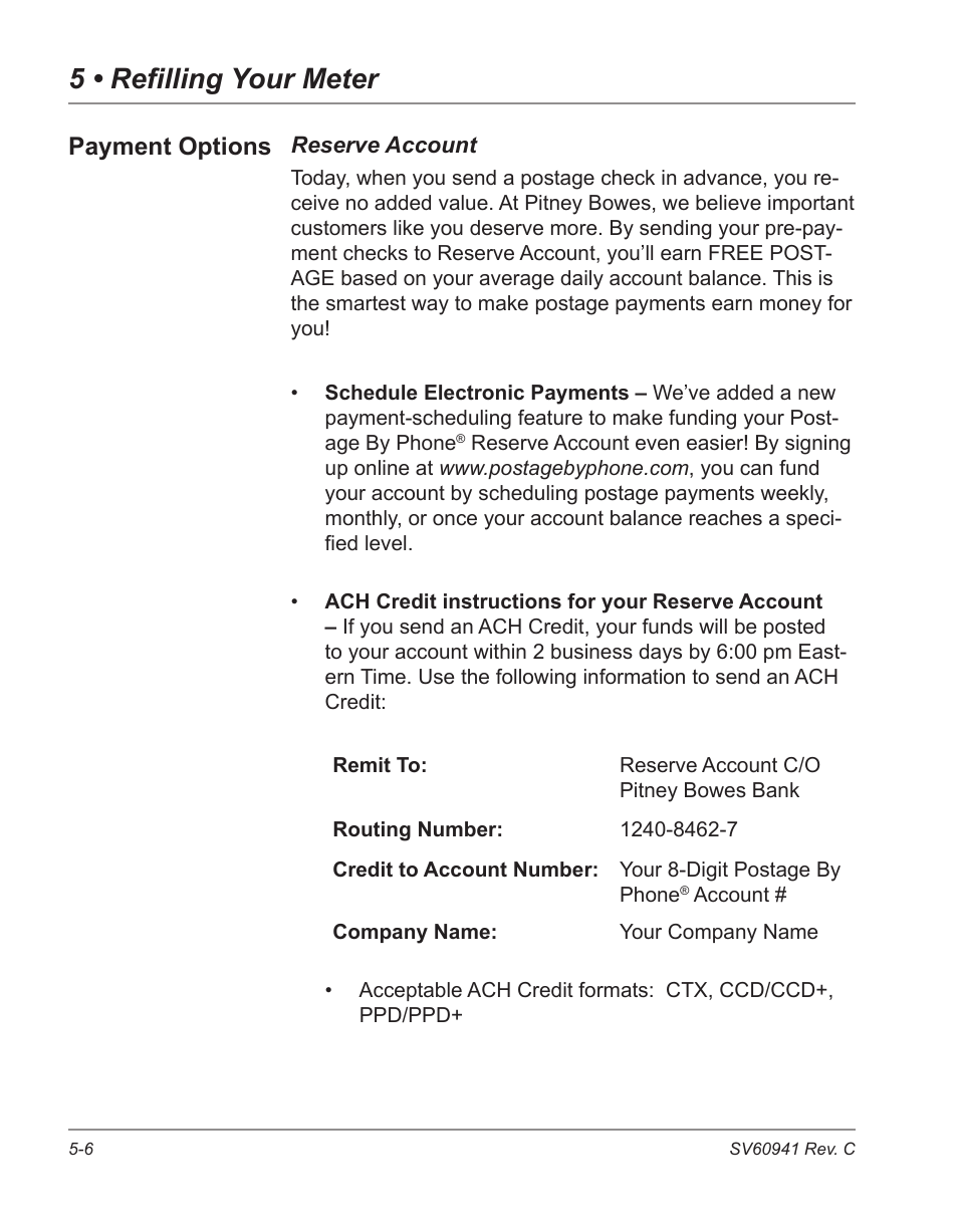 5 • refilling your meter, Payment options | Pitney Bowes POSTPERFECT B702 User Manual | Page 67 / 96