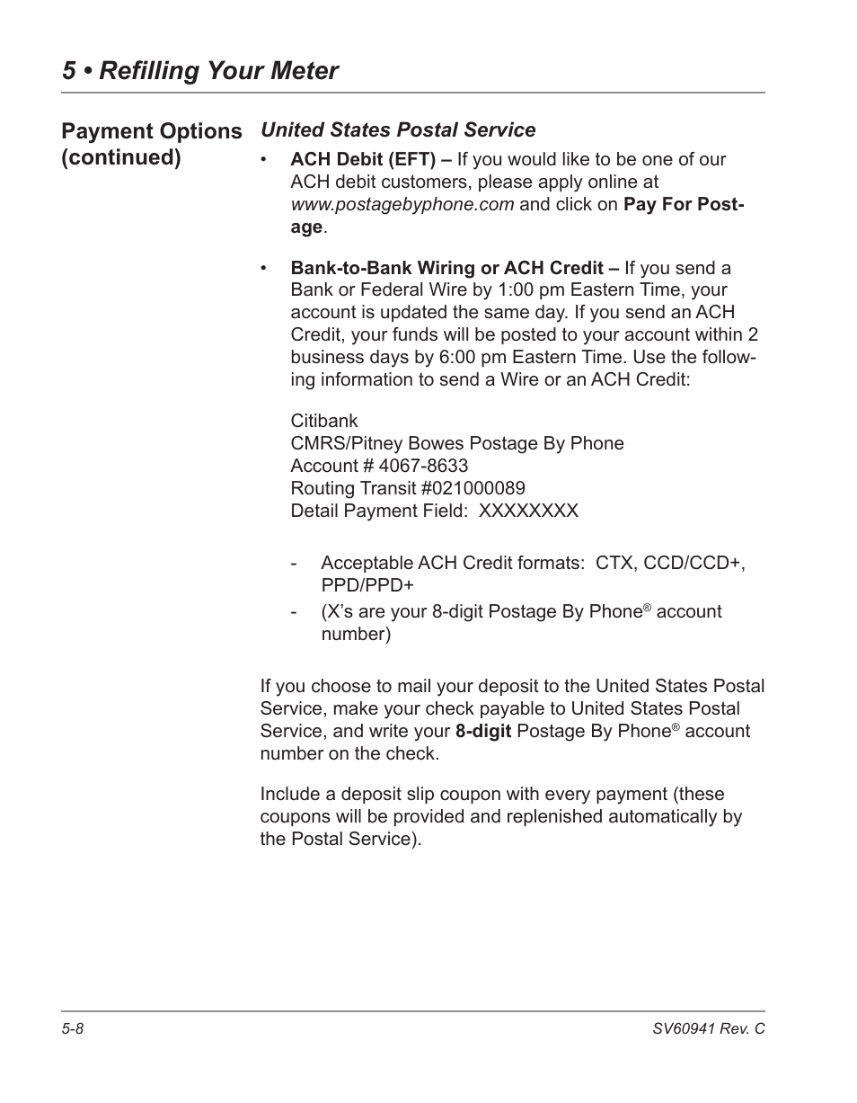 5 • refilling your meter, Payment options (continued) | Pitney Bowes POSTPERFECT B702 User Manual | Page 69 / 96