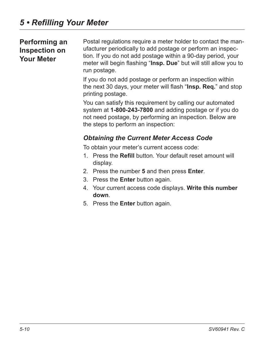 Performing an inspection on your meter -10, 5 • refilling your meter, Performing an inspection on your meter | Pitney Bowes POSTPERFECT B702 User Manual | Page 71 / 96