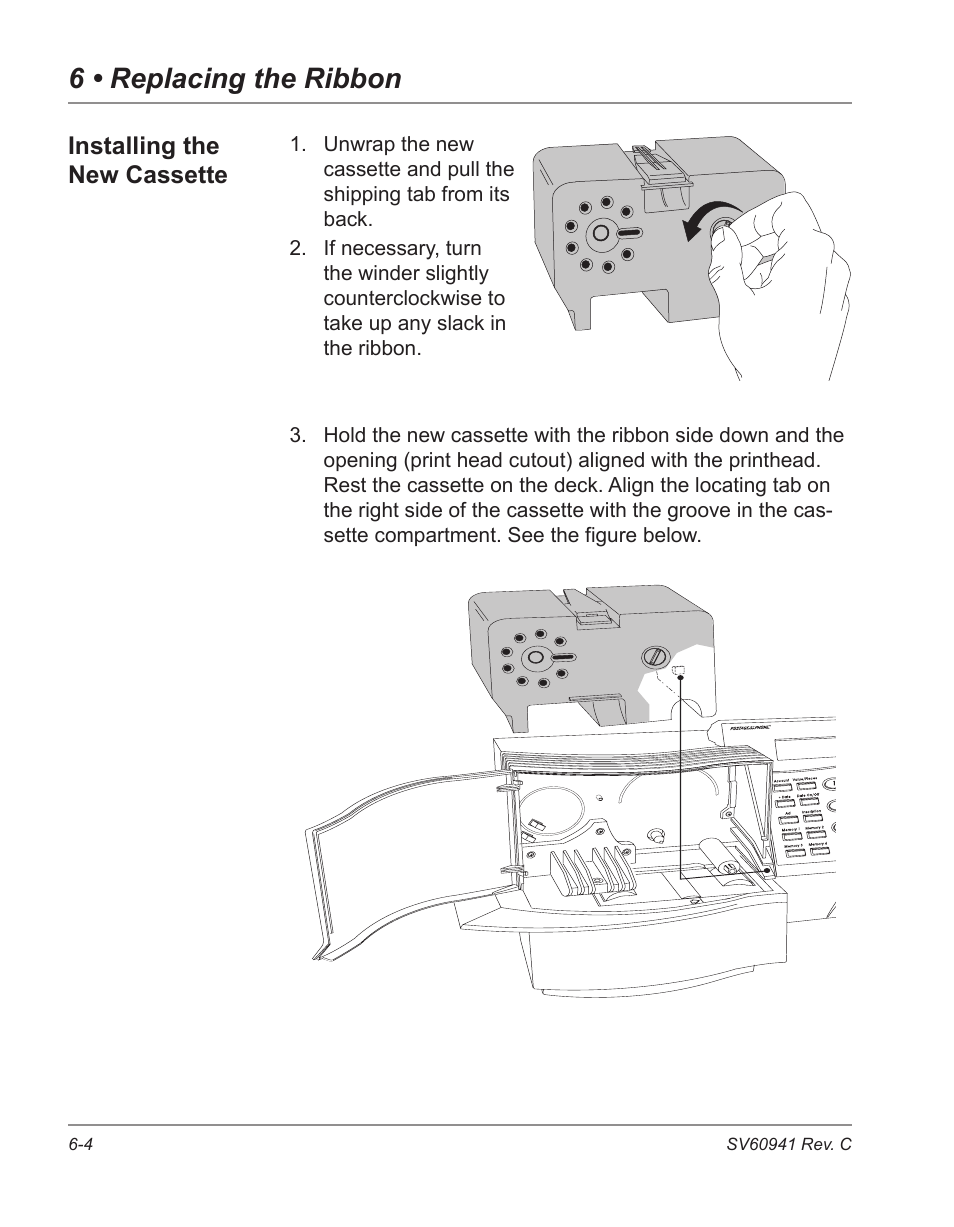 6 • replacing the ribbon, Installing the new cassette | Pitney Bowes POSTPERFECT B702 User Manual | Page 77 / 96