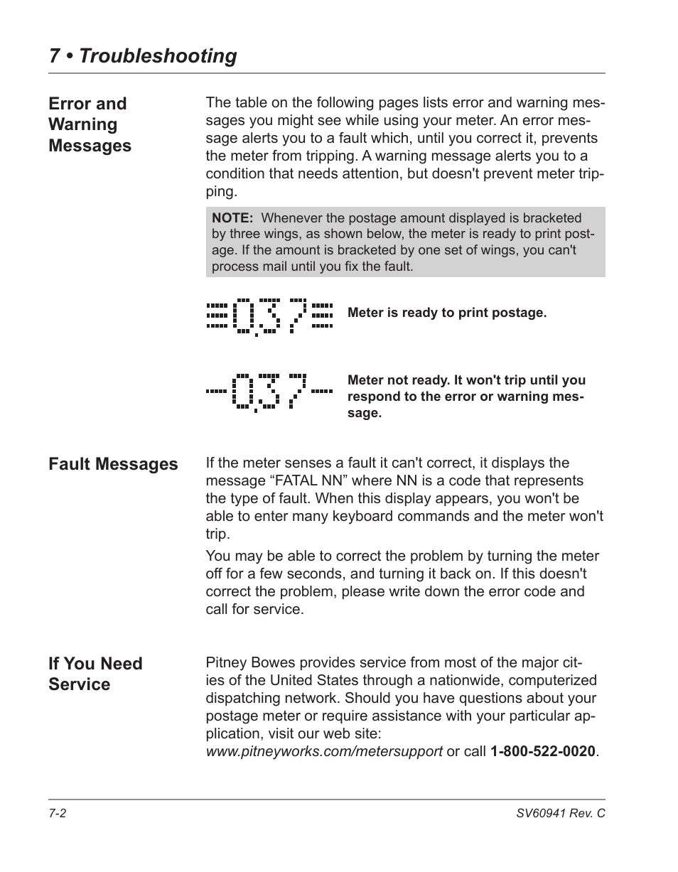 7 • troubleshooting, Error and warning messages, Fault messages | If you need service | Pitney Bowes POSTPERFECT B702 User Manual | Page 81 / 96