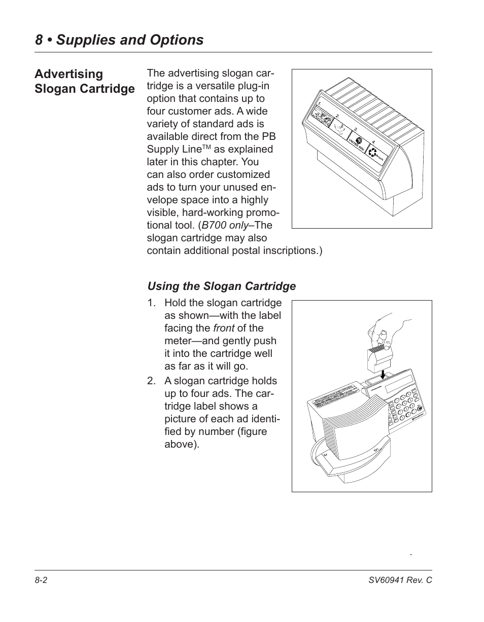 8 • supplies and options, Advertising slogan cartridge | Pitney Bowes POSTPERFECT B702 User Manual | Page 87 / 96