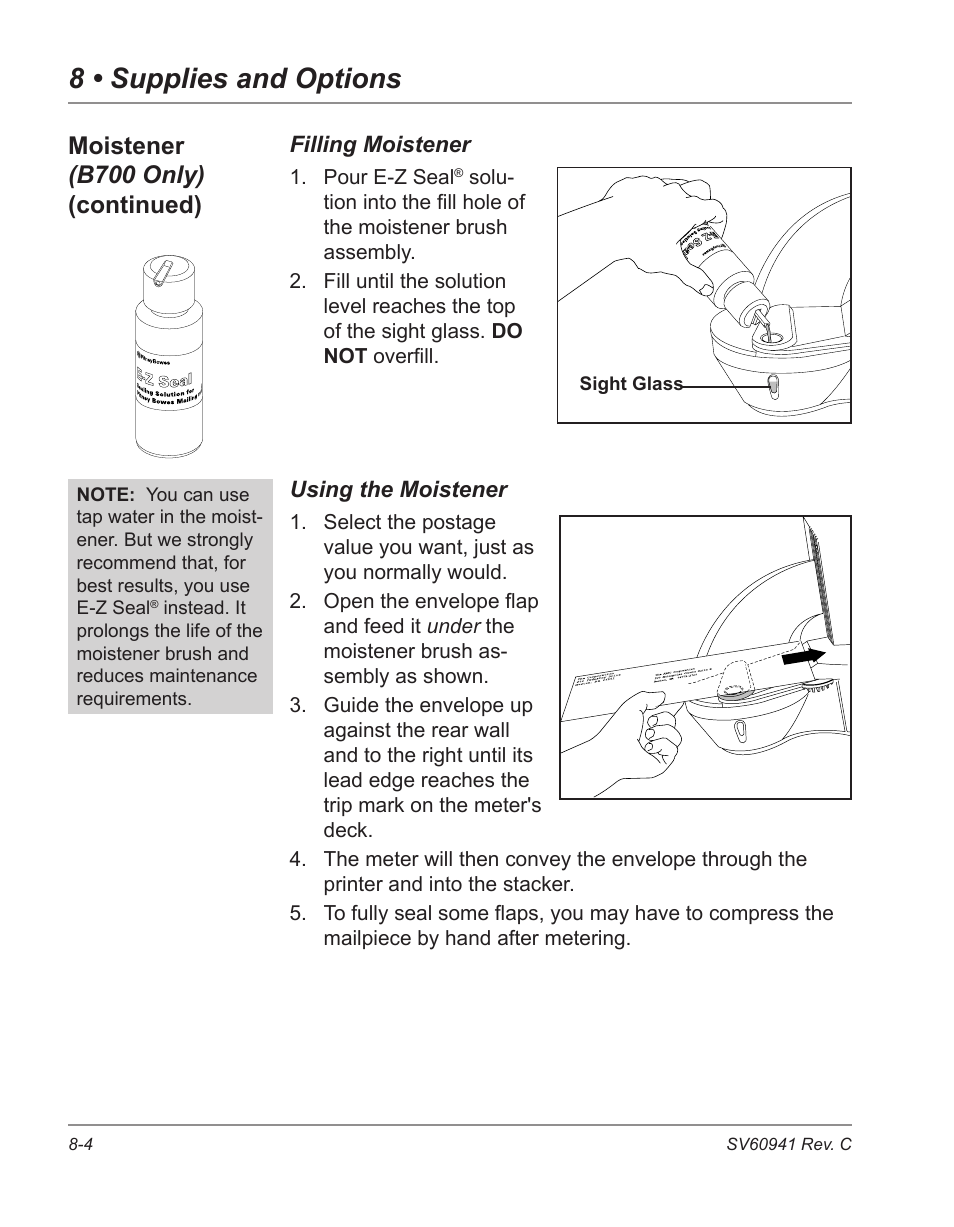 8 • supplies and options, Moistener (b700 only) (continued) | Pitney Bowes POSTPERFECT B702 User Manual | Page 89 / 96