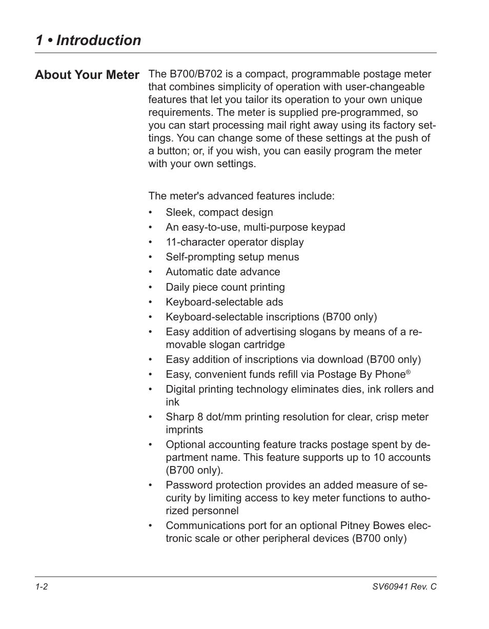 About your meter -2, 1 • introduction, About your meter | Pitney Bowes POSTPERFECT B702 User Manual | Page 9 / 96