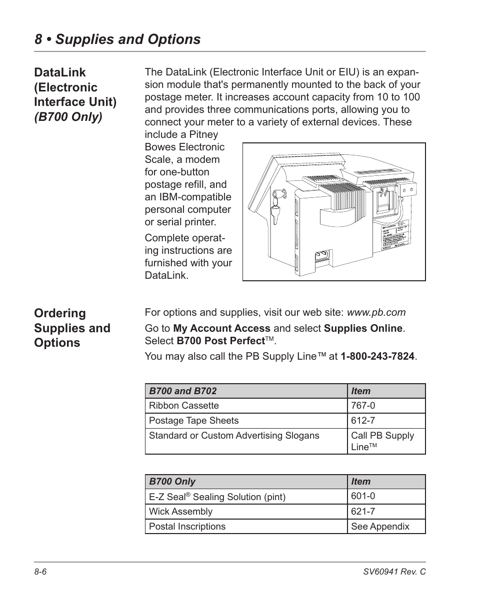 8 • supplies and options, Datalink (electronic interface unit) (b700 only), Ordering supplies and options | Pitney Bowes POSTPERFECT B702 User Manual | Page 91 / 96