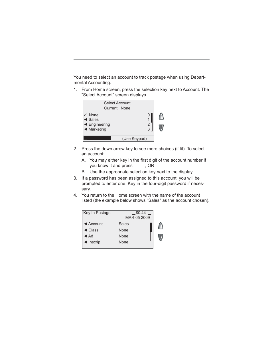 Selecting an account to track postage, 8 • standard accounting option | Pitney Bowes DM300C User Manual | Page 117 / 196