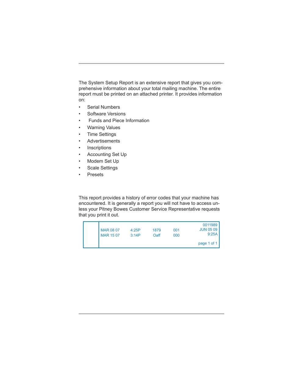 System setup report, Error report, 9 • reports | Pitney Bowes DM300C User Manual | Page 129 / 196