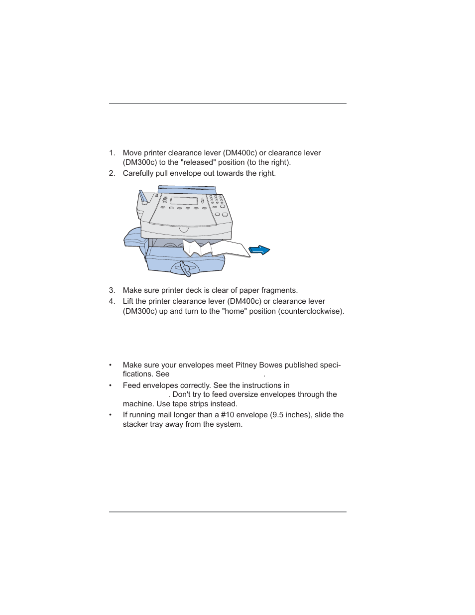 Feeding problems (stalled envelopes), To clear a stalled envelope in the printer area, To avoid stalled envelopes | 13 • troubleshooting | Pitney Bowes DM300C User Manual | Page 170 / 196