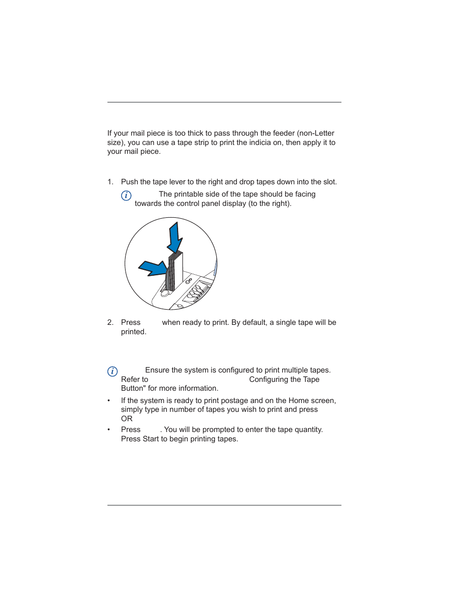 Processing flats, packages, or non-letter mail, Printing a single tape strip, Printing multiple tape strips | 3 • running mail | Pitney Bowes DM300C User Manual | Page 38 / 196